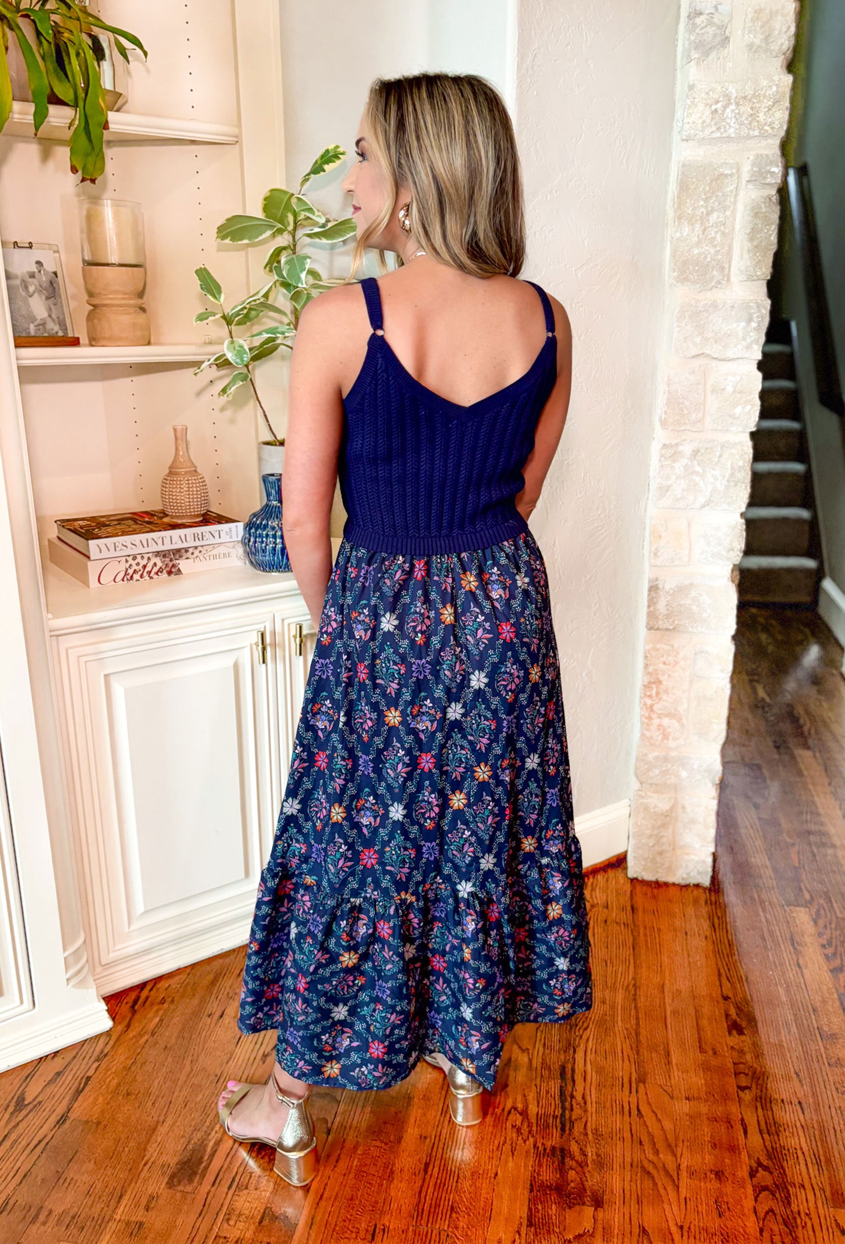 Can't Compare Floral Midi Dress, spaghetti strap midi dress with a navy sweater tank on the top half of the dress and flowy navy with floral print on the bottom of the dress, dress has pockets