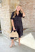 Caught Feelings Midi Dress in Black, black shorts sleeve tiered dress with small v-neck