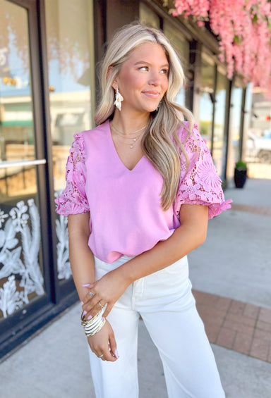 Chasing Love Top in Pink Mauve, light bubble gum pink top with rounded v-neck and floral lace sleeves