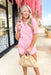 City Chic Denim Romper in Soft Pink, Collared puff sleeve romper with crossed over chest with snap button