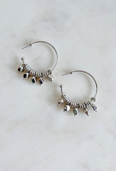 City Escape Earrings in Silver, silver hoop with ring and bead detailing that move around the hoop