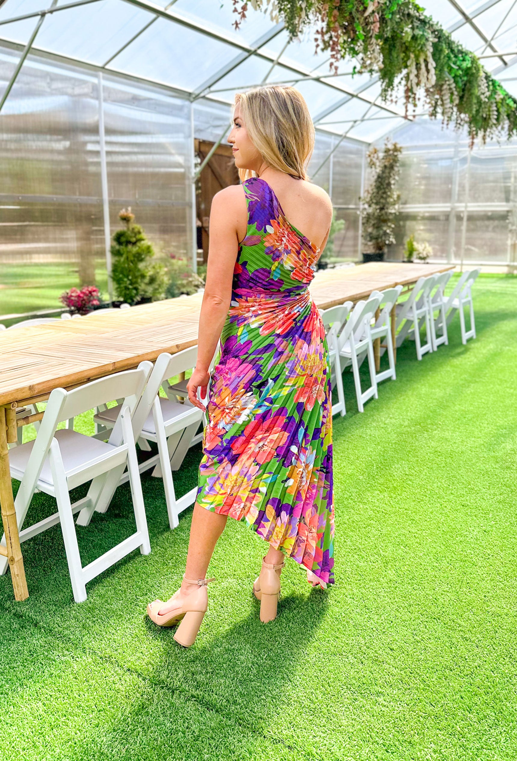 City Of Love Dress, pleated floral one shoulder dress in the colors green, purple, pink, orange, coral and white