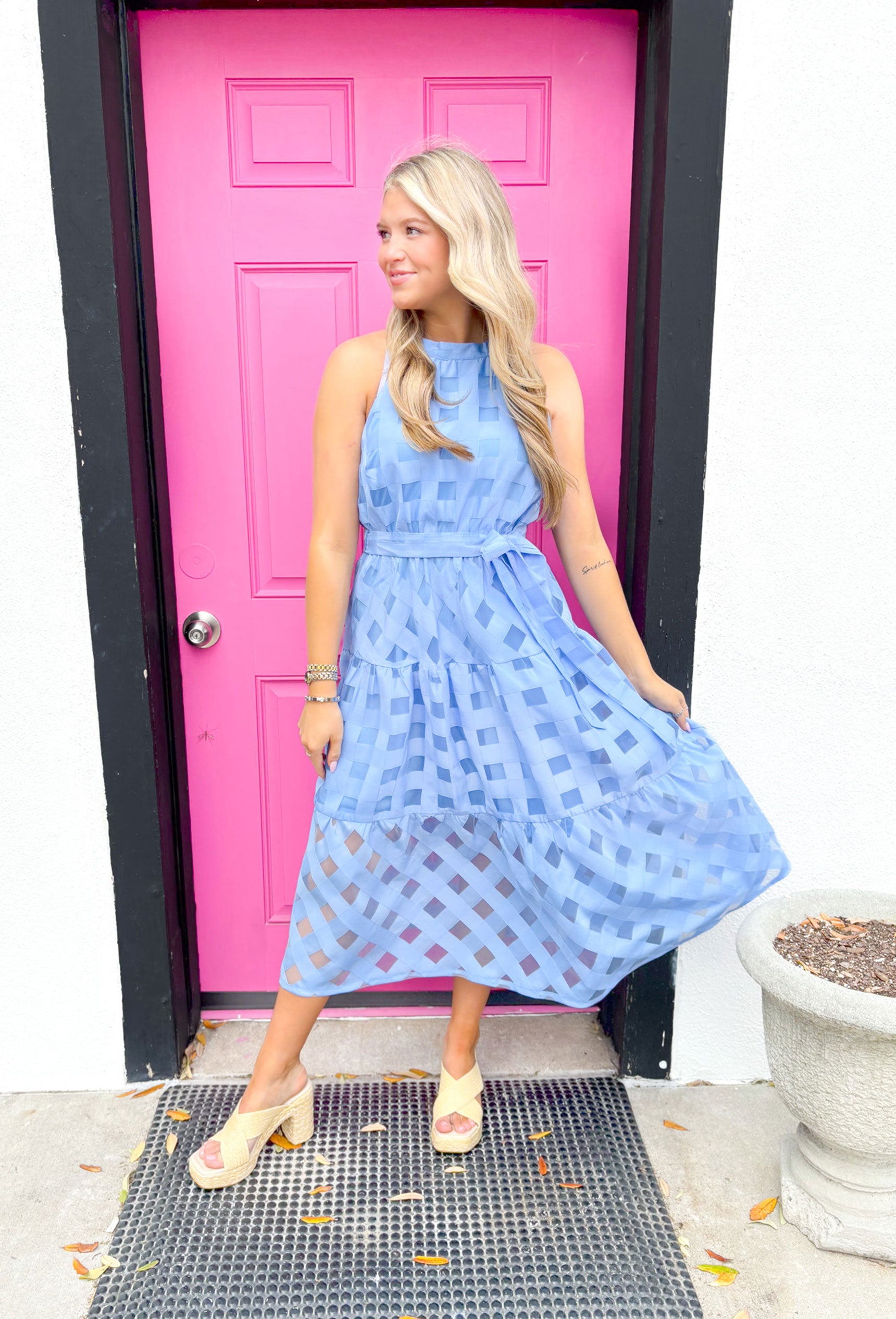 Date Night In Paris Midi Dress, halter neck light blue dress with sheer gingham overlay with tie detail at the waist 
