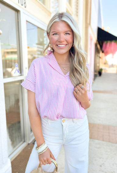 Days In The Sun Gauze Top, pink and white pinstripe short sleeve gauze blouse with collar