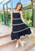 Days Of Summer Midi Dress, black dress with white rickrack on each of the three tiers of the dress and on the edges of the straps