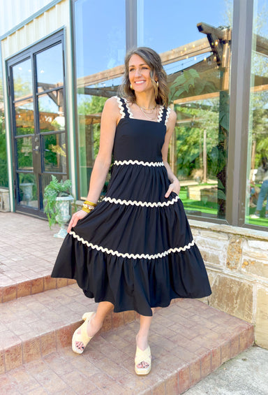 Days Of Summer Midi Dress, black dress with white rickrack on each of the three tiers of the dress and on the edges of the straps