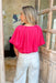Dixie Blouse in Pink, hot pink blouse with puff sleeves and soft v-neck