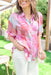 Drive Me Crazy Top, pink, cranberry, light turquoise, and cream short sleeve button up blouse with collar