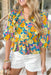 Everything Has Changed Floral Top, quarter sleeve blouse, v-neck, floral print in yellow, orange, pink, and green with electric blue base, ruffle detailing on the bottom of the shirt