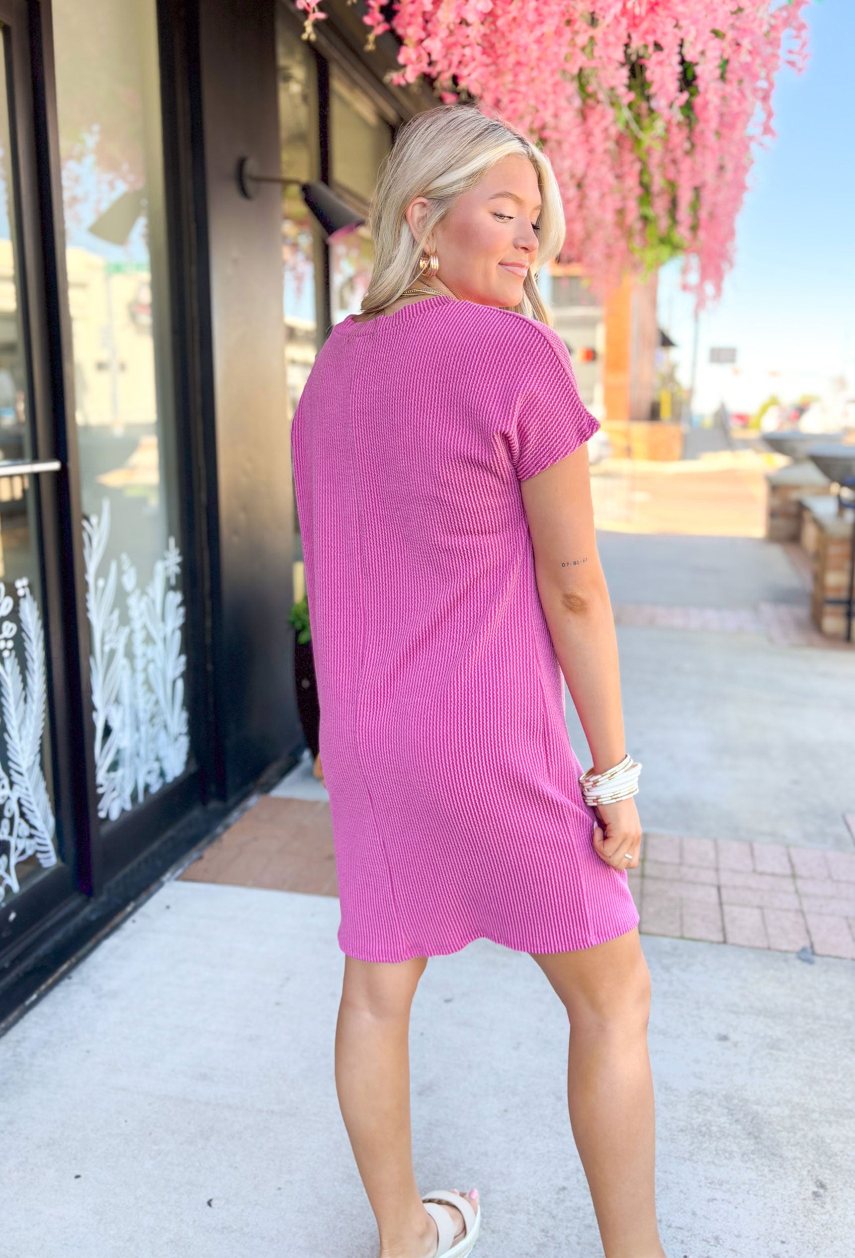 Feelings For You Dress in Pink, fuchsia pink ribbed short sleeve dress with front pocket