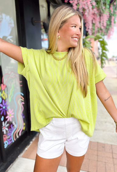 For All We Know Top, short sleeve textured top in lime green 
