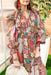 Forever Yours Maxi Dress, taupe/brown maxi dress with abstract foliage design in colors orange, coral, sage, teal, yellow, cream, and mauve
