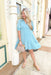 From The Start Dress, light blue green gauze short sleeve tiered dress with collar and cinching on the sleeve hem