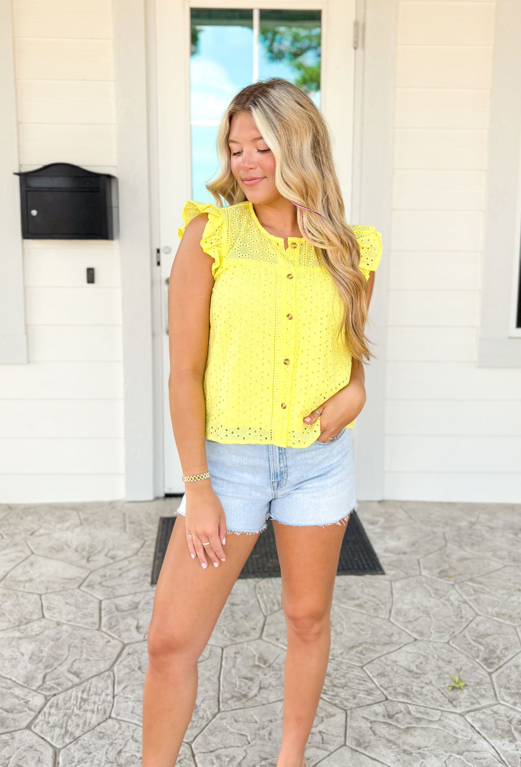 Full Of Sunshine Top, baby yellow lace overlay tank top, button down, ruffle sleeves