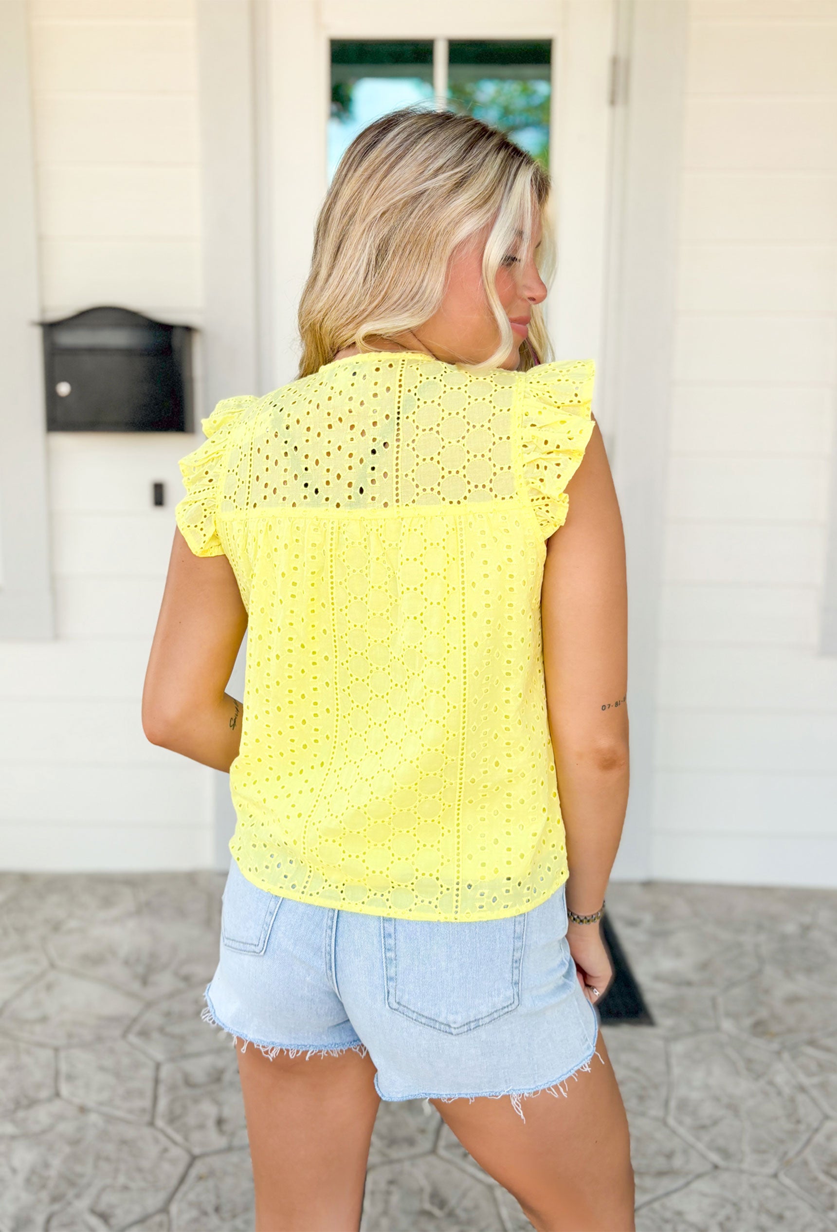 Full Of Sunshine Top, baby yellow lace overlay tank top, button down, ruffle sleeves