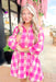 Give Me A Reason Dress, cream and hot pink long sleeve button down gingham dress 