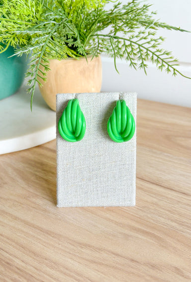 Give Or Take Earrings in Green, acrylic post back earring with knot detail