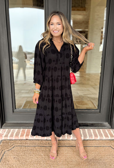 Giving Grace Midi Dress, black midi dress with lace polka-dots on the whole dress, long sleeves, and a v-neck