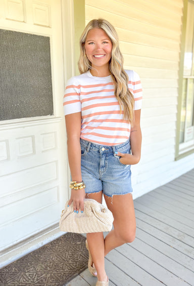 Good To Be Back Top, short sleeve light weight sweater material striped top in the colors white and peach