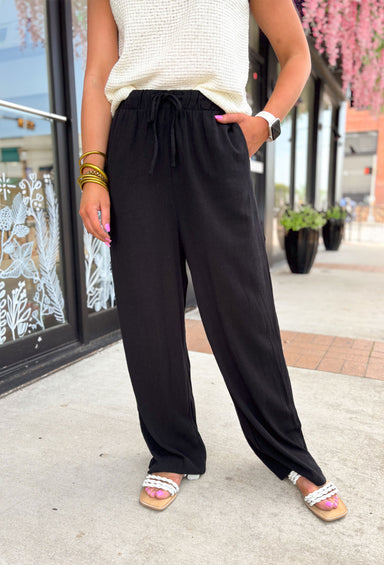 Hallie Linen Pants in Black, black linen wide leg pants with pockets, elastic waist band and drawstring