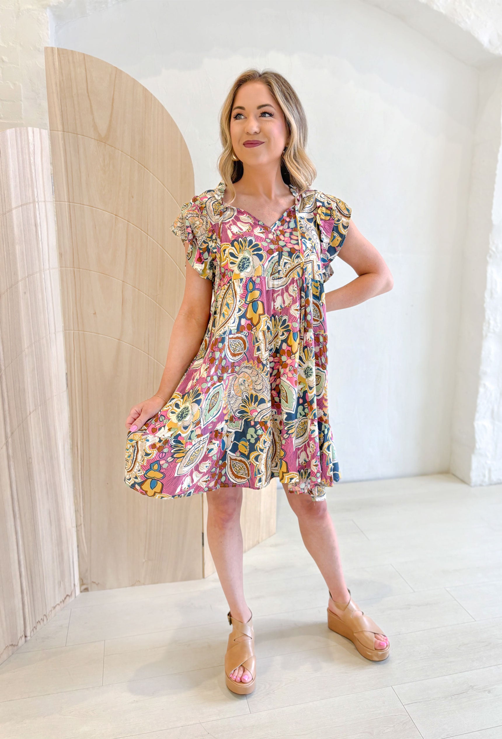 Having Mixed Feelings Dress, abstract floral print dress in orchid, denim blue, yellow, sage, burnt orange and cream 
