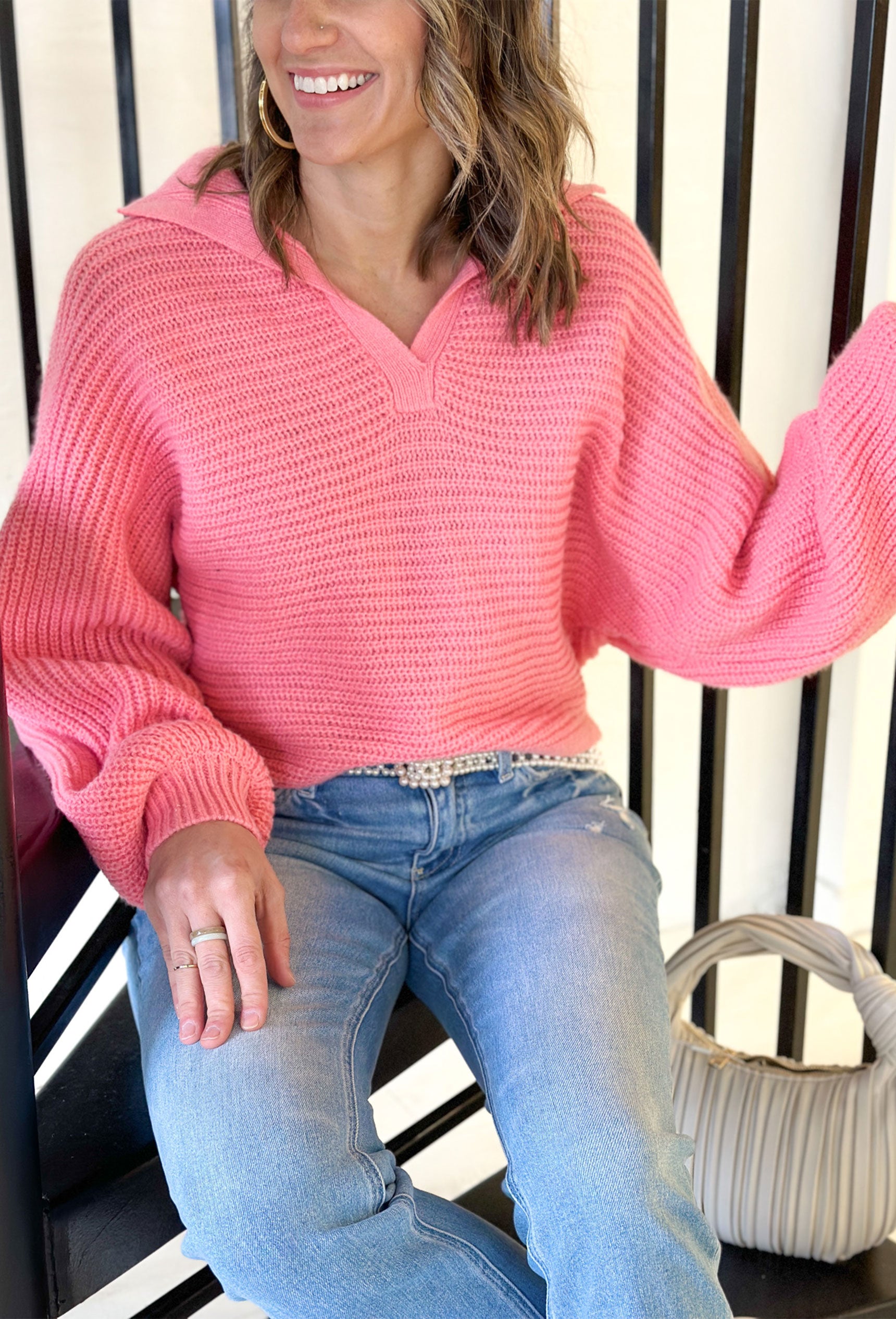 Heading East Knit Sweater, bubble gum pink knit sweater with collar