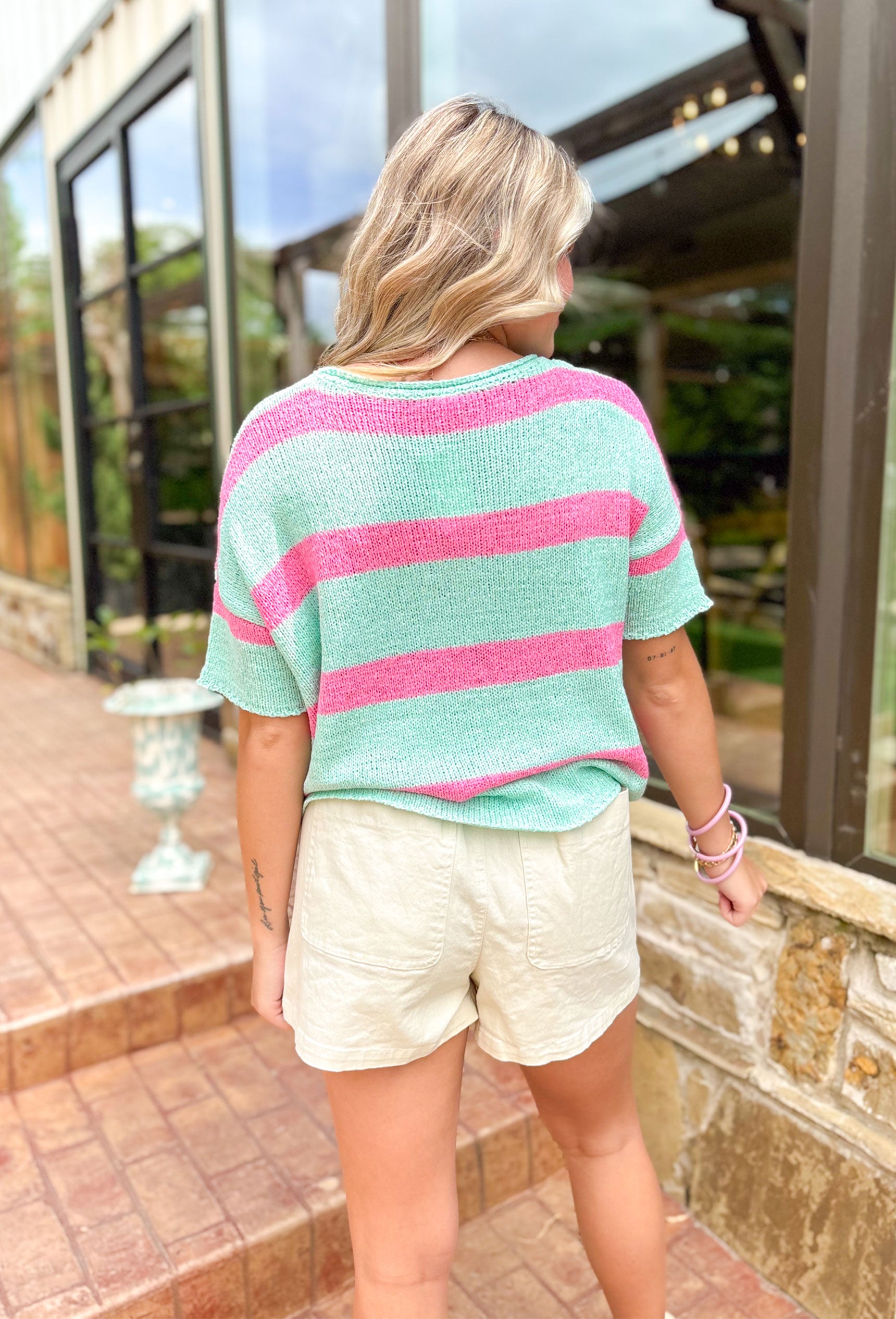 High Hopes Striped Sweater in Mint, short sleeve knit top in seafoam and bubble gum pink