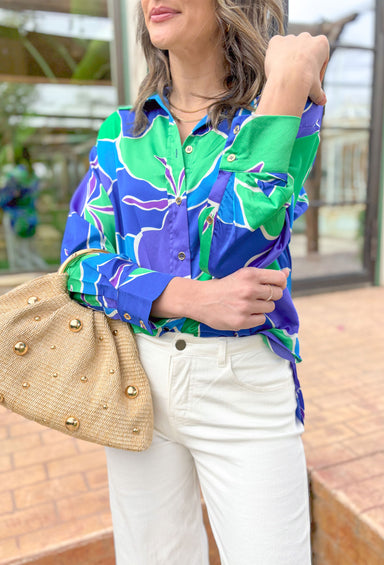 Hold It Together Button Up Top, satin button up top with large floral print in kelly green, royal blue, purple, and white