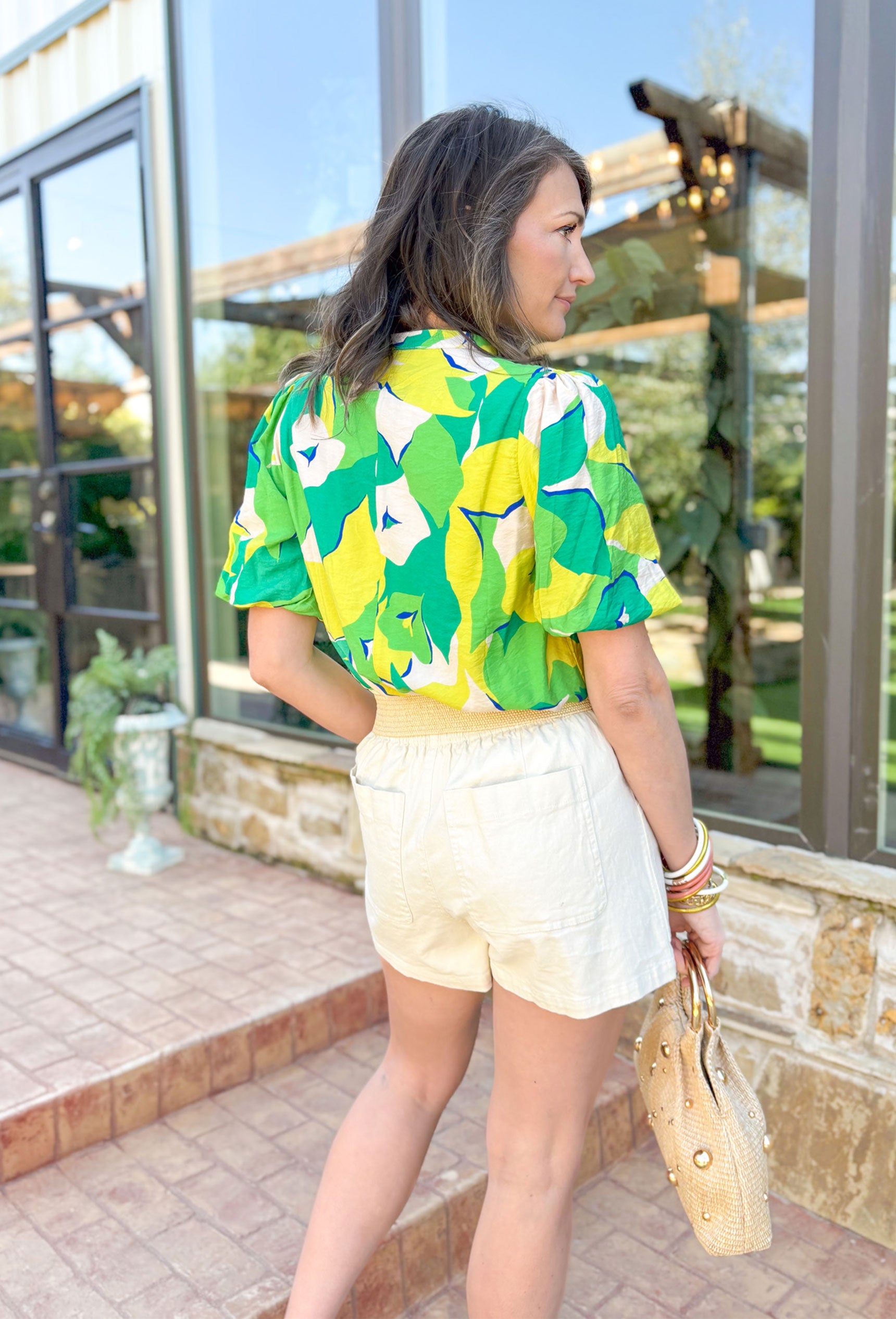Hold My Attention Blouse, kelly green, bright green, yellow, cream and blue abstract floral short sleeve blouse with slight puff sleeve detail
