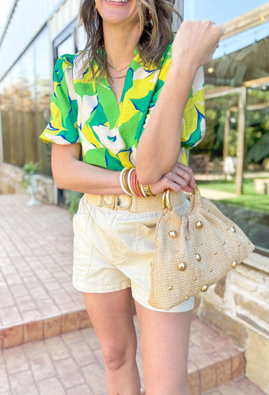 Hold My Attention Blouse, kelly green, bright green, yellow, cream and blue abstract floral short sleeve blouse with slight puff sleeve detail