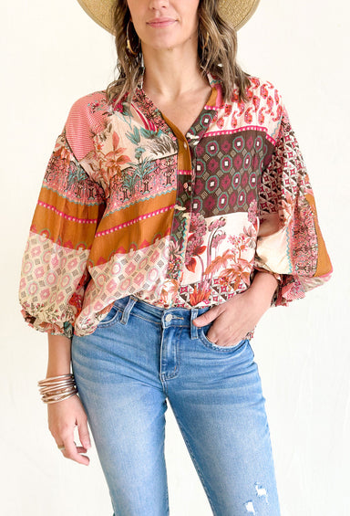 Just A Crush Blouse, mixed pattern blouse in the colors burnt orange, cream, mauve, coral, brown, turquoise and red