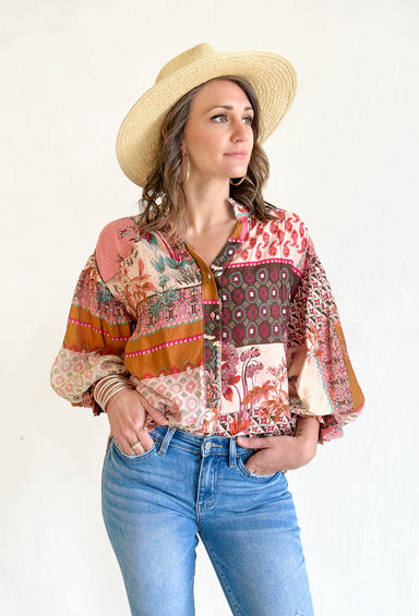 Just A Crush Blouse, mixed pattern blouse in the colors burnt orange, cream, mauve, coral, brown, turquoise and red