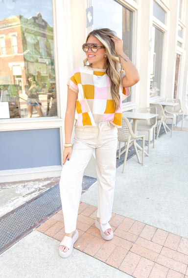 Just Makes Sense Sweater, pink, mustard, tan, and cream checkered short sleeve knit sweater