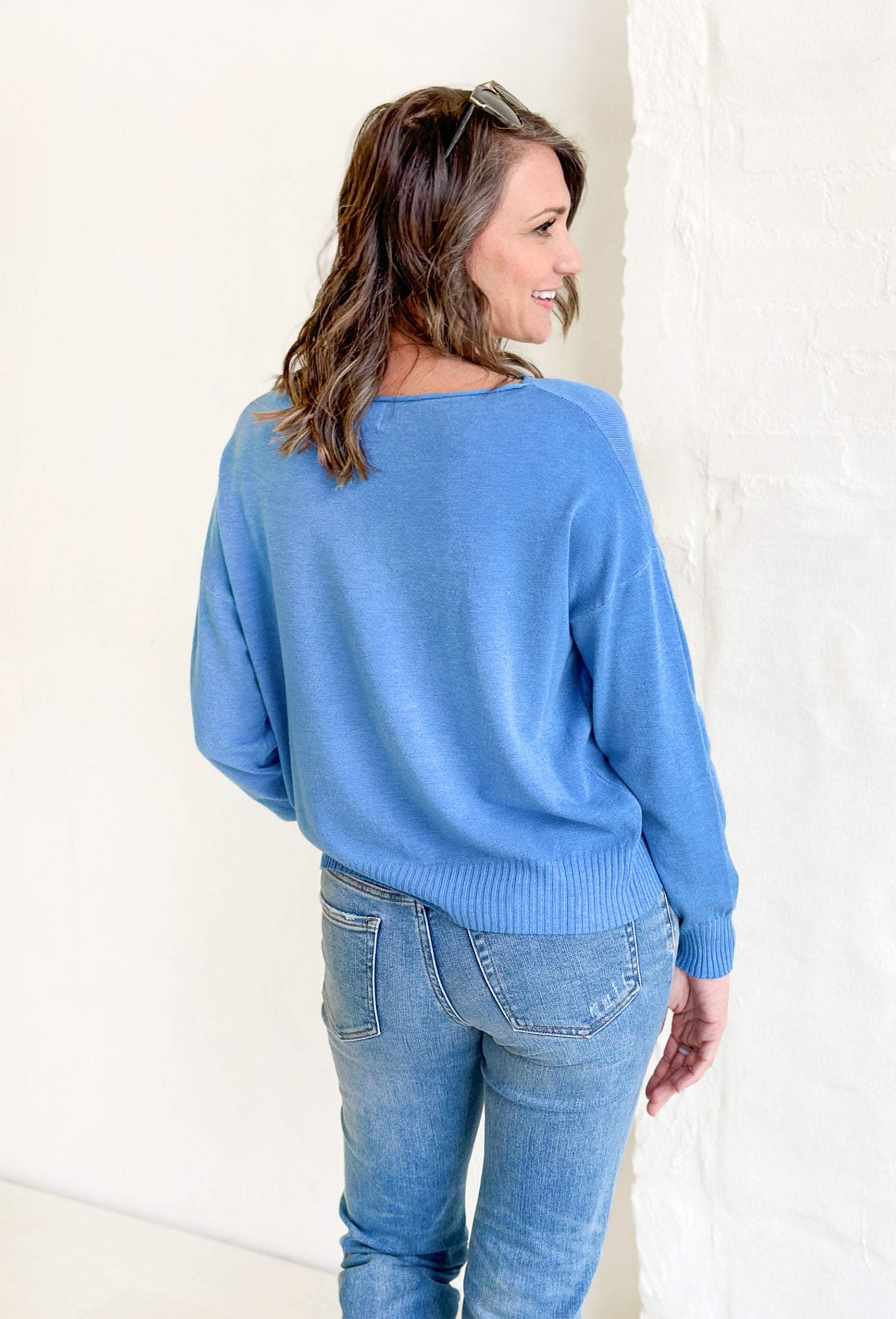 Lilly Sweater by Dreamers in Azure, blue wide neck light weight sweater