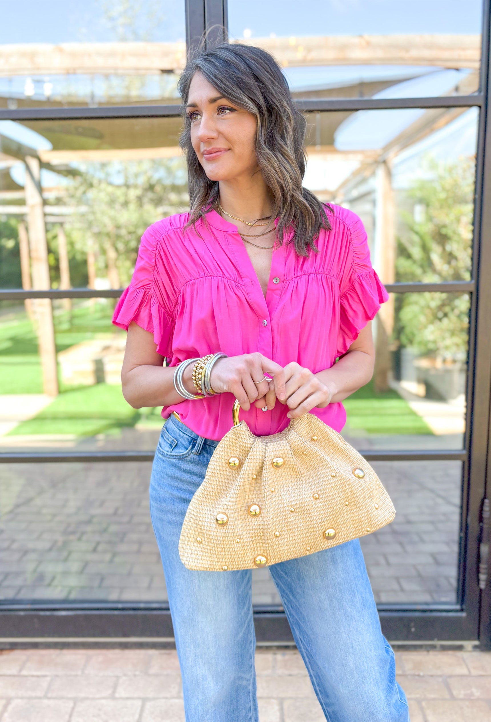 Love On The Brain Top, short ruffle sleeve hot pink button up blouse with v-neck and ruffle pleating on the chest and shoulders