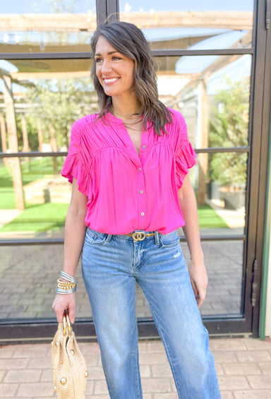 Love On The Brain Top, short ruffle sleeve hot pink button up blouse with v-neck and ruffle pleating on the chest and shoulders