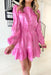 Made You Mine Dress, satin pink long sleeve dress with buttons down the front and a cinched waist line that has a tie detail