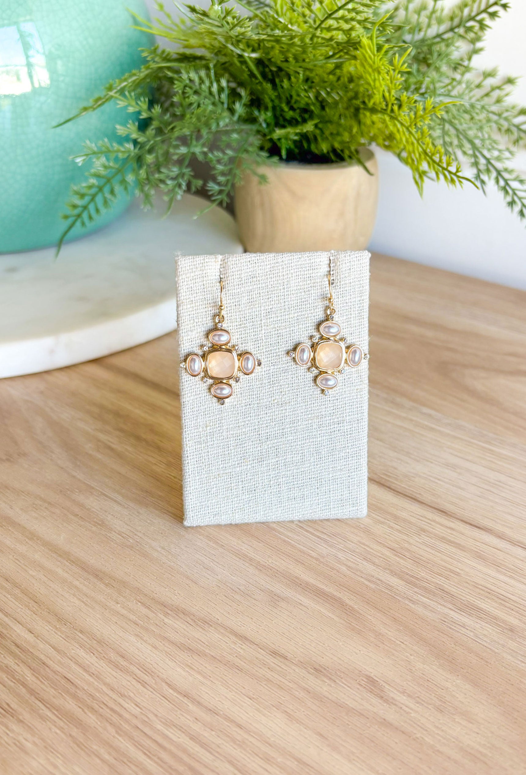 Make A Choice Earrings, stone dangle earrings with pearl and translucent tan stone in the middle 