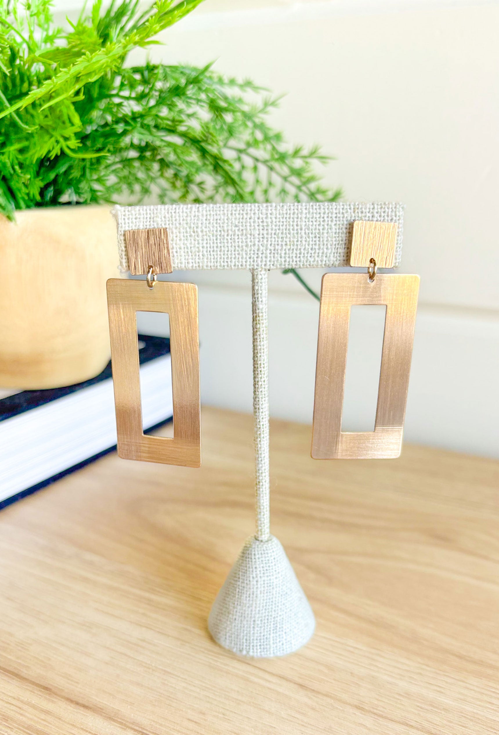 Make My Day Earrings in Gold, square post earring with rectangle attachment, brushed gold
