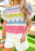 Making It Happen Knit Sweater, white, light blue, pink, and lime green crochet short sleeve top with ruffles on the sleeves