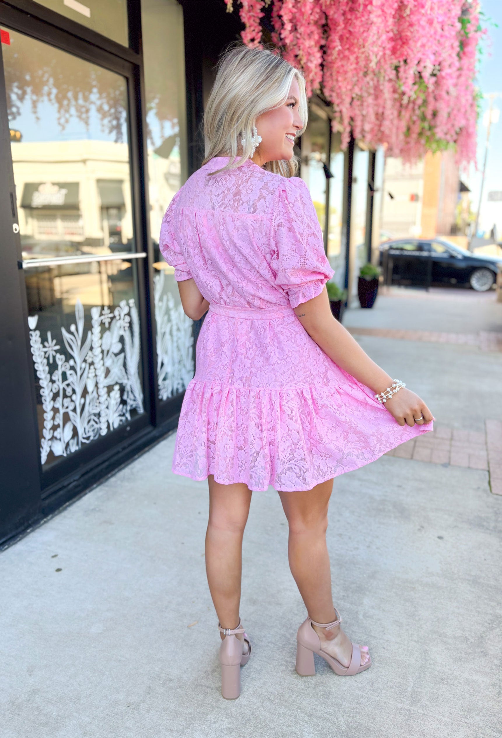 Making Me Blush Dress, bubblegum pink lace puff sleeve dress with quarter button down detail and tie detail around the waist