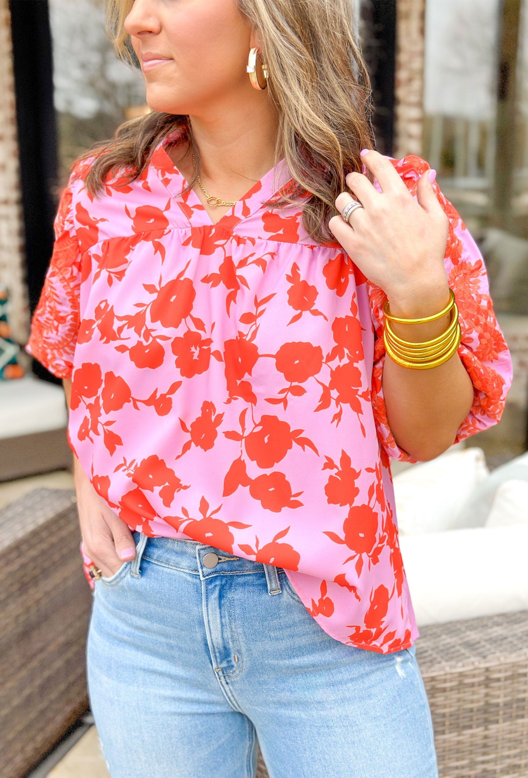 Melbourne Summers Floral Blouse, short puff sleeve blouse in light pink and tomato orange with floral print on the blouse and embroidered floral print on the sleeves