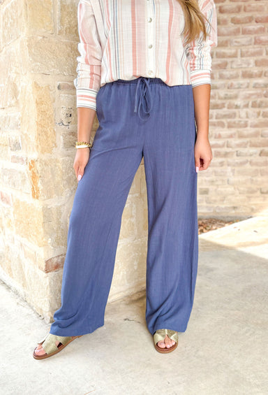 Millie Linen Pants in Blue, linen pants with elastic waist band and drawstring in blue