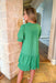 Mind On Malibu Dress in Kelly Green, short sleeve v-neck babydoll style dress with ruffling on the hem of the dress, sleeves, and around the neck