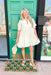 Mind On Malibu Dress in Natural, short sleeve v-neck babydoll style dress with ruffling on the hem of the dress, sleeves, and around the neck