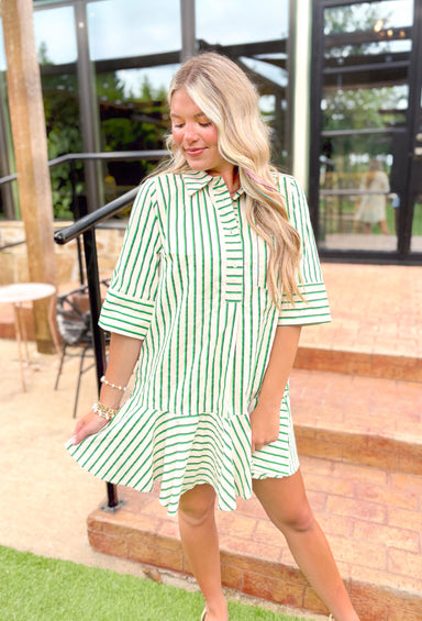 More To Say Dress, white, navy, and kelly green striped quarter sleeve dress with quarter button down detail, and collar