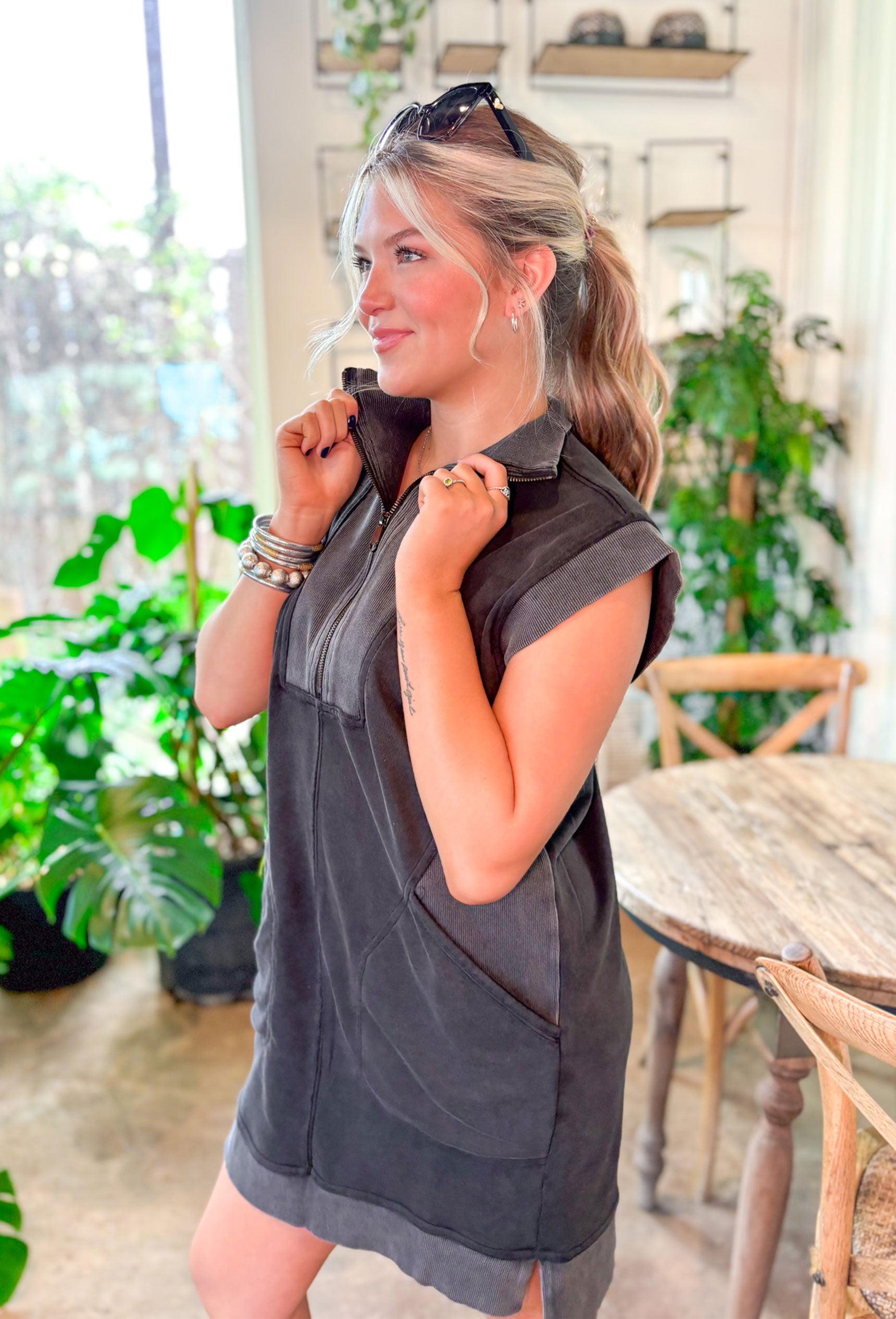 Move On Over Dress in Black, quarter zip cap sleeve dress with pockets