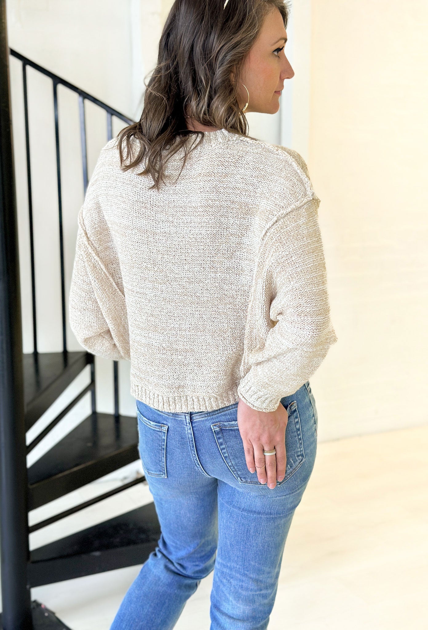 Never Say Never Sweater, warm cream/ oatmeal colored knit sweater with lining on the shoulder and sides