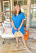 Nikoleta Linen Shirtdress in Azure, tiered linen short dress with rolled sleeves and v-neck