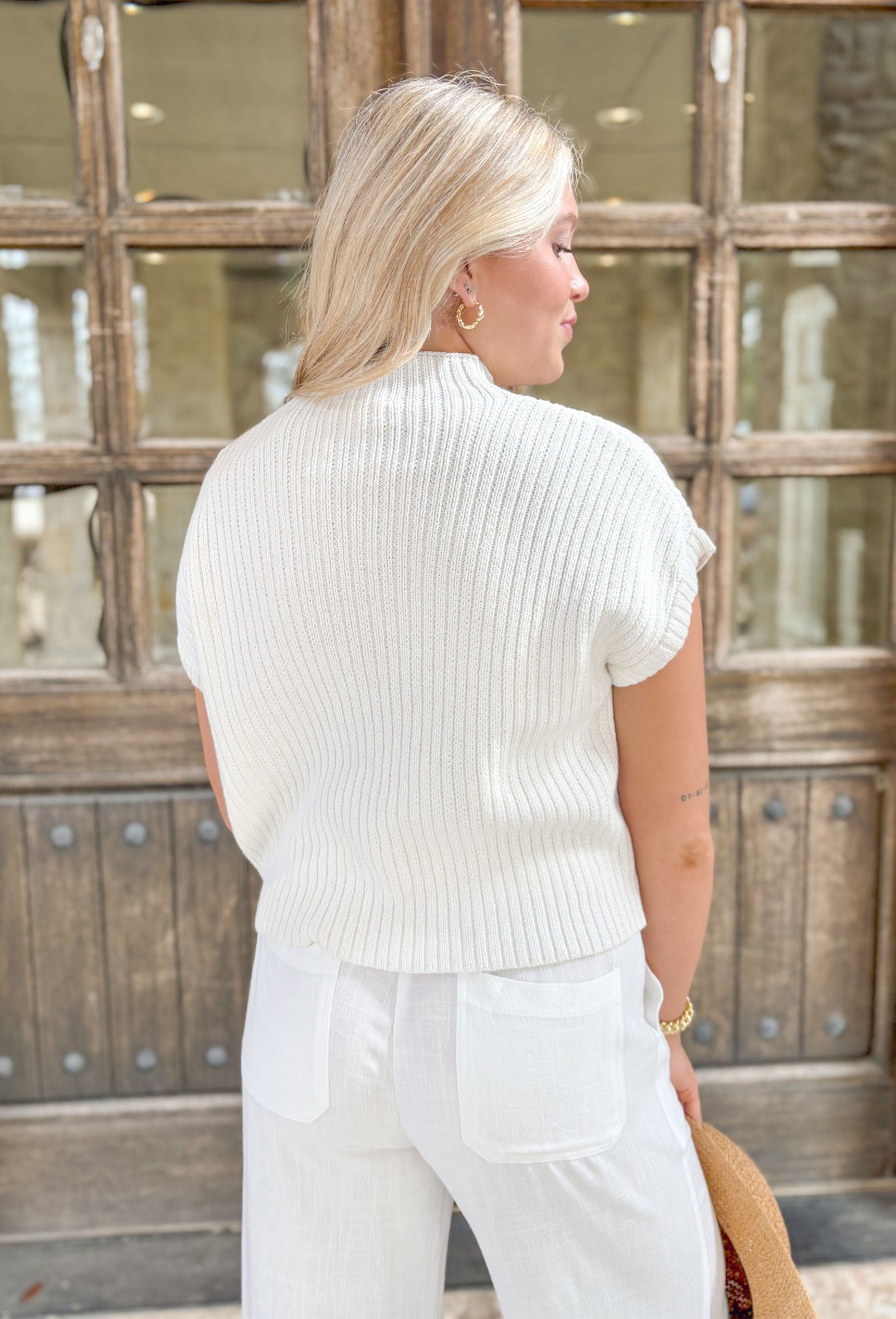 No Expectations Sweater in Off White, white mock neck short sleeve sweater with front pocket